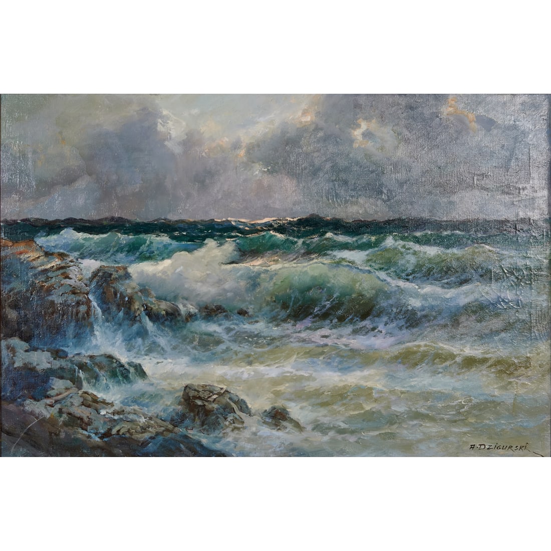 Alexander Dzigurski, Crashing Waves, Oil on Canvas: Alexander Dzigurski(American/Yugoslavian, 1911-1995), Breakers, oil on canvas,[approximate dimensions - canvas: 24" H x 36" W], signed lower right; artist's stamped at verso: "Copyright Reserved b