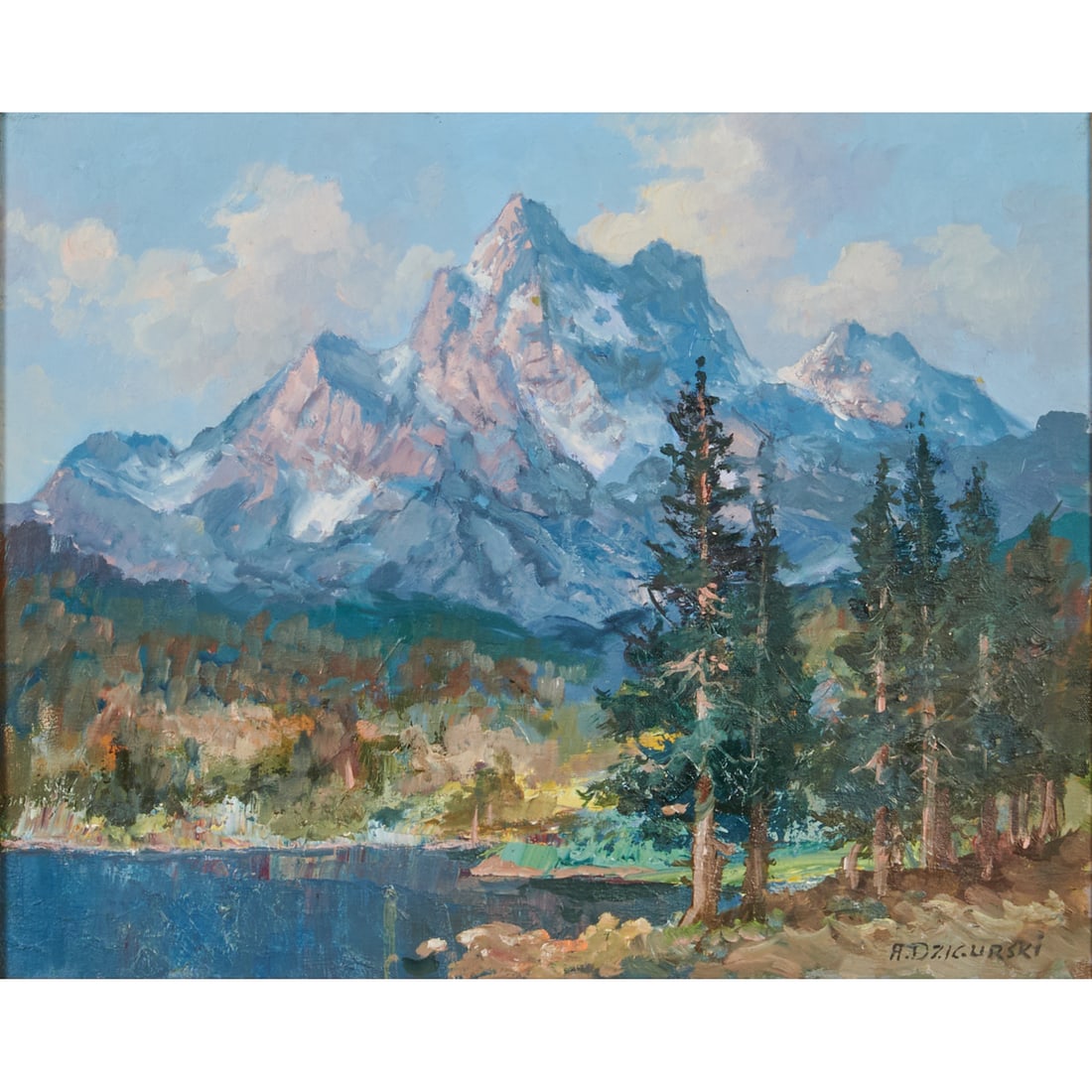 Alexander Dzigurski, Grand Tetons, Oil on Canvas: Alexander Dzigurski (American/Yugoslavian, 1911-1995), Grand Tetons Mountains and Trees, oil on canvas, [approximate dimensions - canvas: 16" H x 20" W], signed lower right; artist stamped at verso:"C