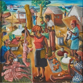 Wilson Bigaud, Market Scene, oil on board