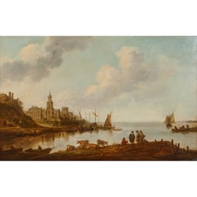 European School, Harbor Scene, Oil on Panel