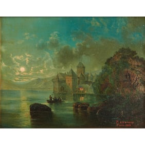 Continental School, Castle at Night, Oil on Canvas