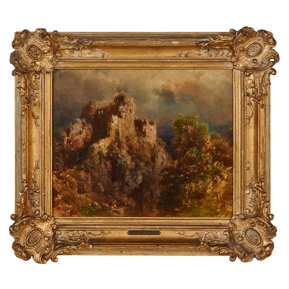 August Piepenhagen, Castle Ruin, Oil on Paper: August Piepenhagen (Polish, 1791-1868), Old Ruin Amongst Trees with Stormy Sky, oil on paper laid-down on mat board [approximate dimensions - form board: 8 3/4" H x 11 1/8" W], unsigned. Notes: Lot in