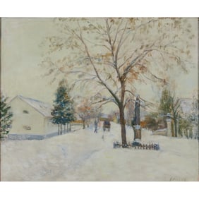 Lajos Kunffy, Winter Street Scene, Oil on Canvas