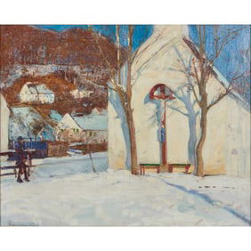 Attr. to Rezso Burghardt, Winter Church, Oil on Canvas