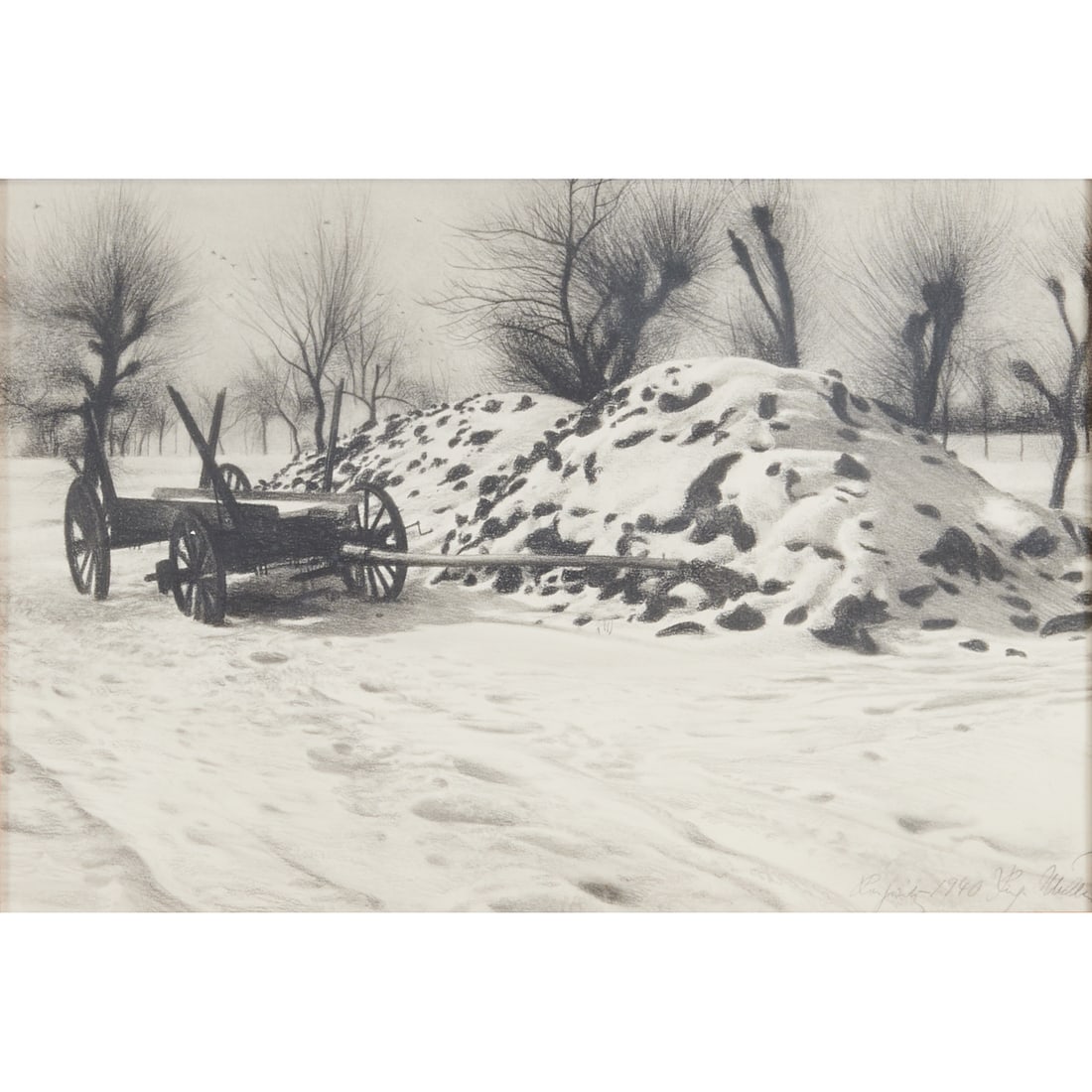 Richard Muller, Wagon in Snow, Charcoal on Paper (1 of 5)