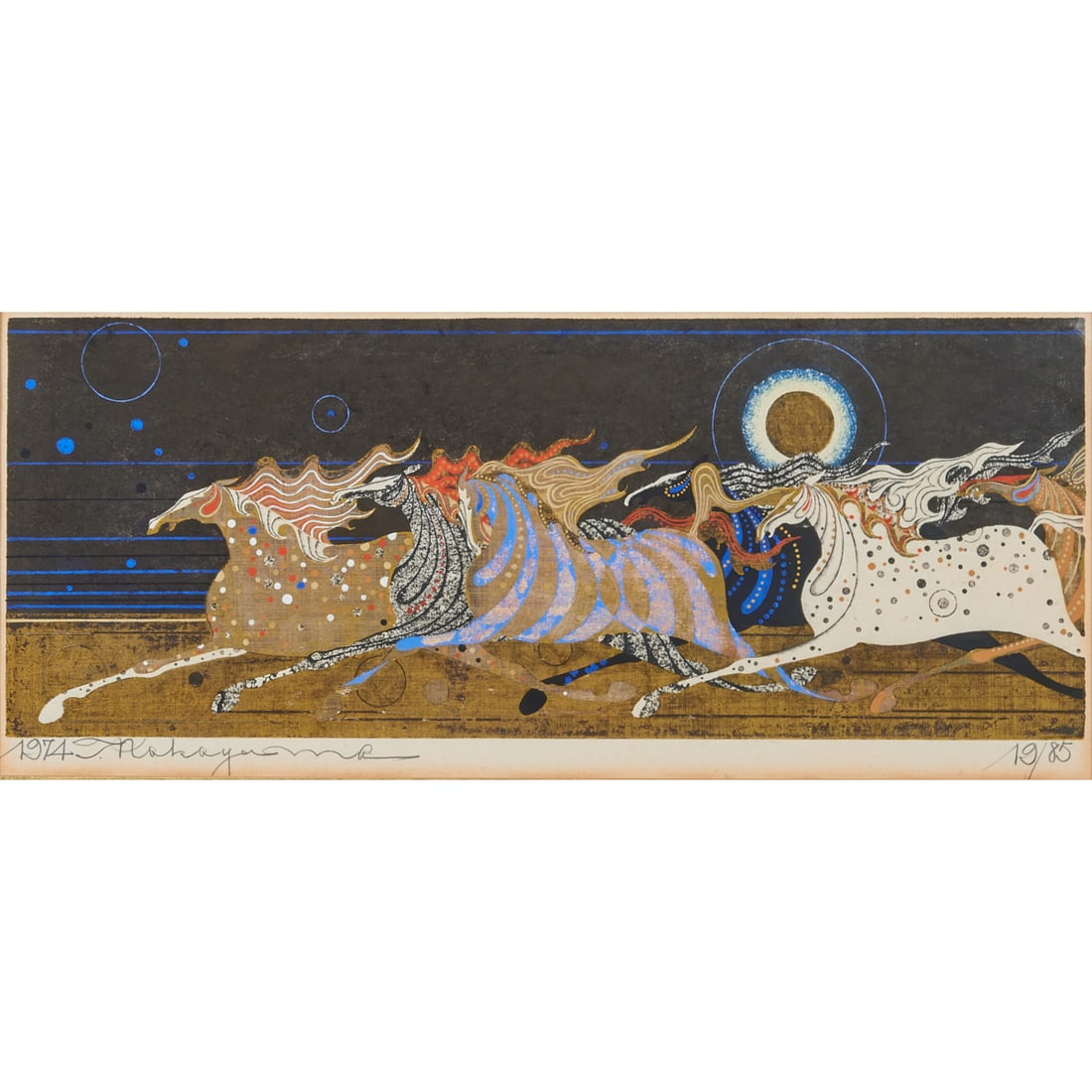 Todashi Nakayama, Running Horses, Woodblock: Tadashi Nakayama (Japanese, 1927-2014), Running Horses, 1974, woodblock, [approximate dimensions - plate: 9" H x 235/8" W], numbered 19/85, signed, and dated at low margin.