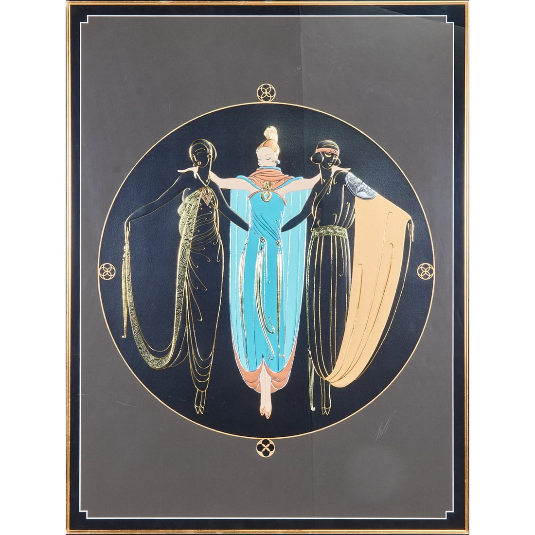 Erte, Ladies in Waiting, Serigraph: Romain (Erte) DeTirtoff (Russian/French, 1892-1990), "Ladies in Waiting," 1987,serigraph with gilt embossing, [approximate dimensions - sight: 35" Hx 251/2" W],signed lower right; Certificate of Authe