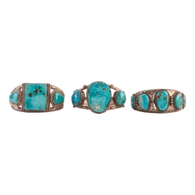 Collection of Three Native American Turquoise, Silver Cuff Bracelets