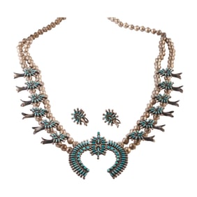 Native American Turquoise, Silver Squash Blossom Jewelry Suite