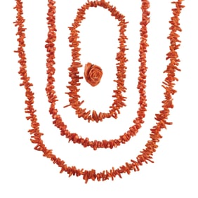 *Collection of Three Branch Coral Necklaces and a Carved Coral Ring