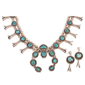 Native American Turquoise, Silver Squash Blossom Jewelry Suite