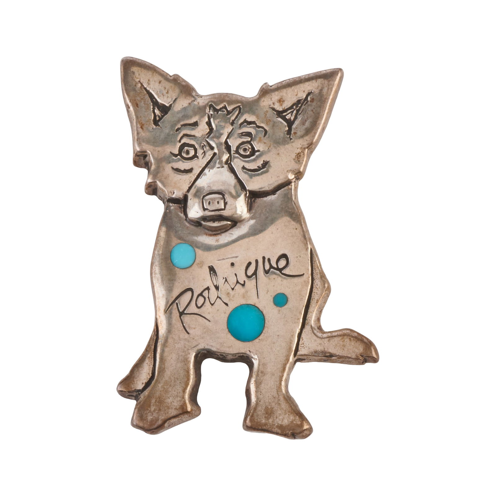 George Rodrigue "Blue Dog" Turquoise, Silver Brooch (1 of 3)