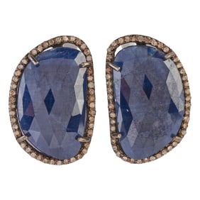 Pair of Sapphire, Diamond, Oxidized Silver Earrings