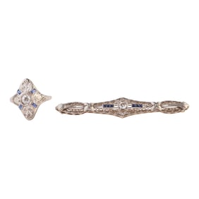 Art Deco Diamond, Sapphire, 18k White Gold Jewelry Suite