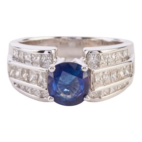 Sapphire, Diamond, 18k White Gold Ring