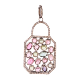 Pink and Green Tourmaline, Diamond, Oxidized Silver Pendant