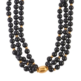 Black Onyx Bead, 21k Yellow Gold Bead, 14k Yellow Gold Necklace