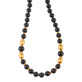 Black Onyx Bead, 21k Yellow Gold Bead, 14k Yellow Gold Necklace