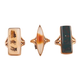 Collection of Three Vintage Chalcedony, 10k Yellow Gold Rings