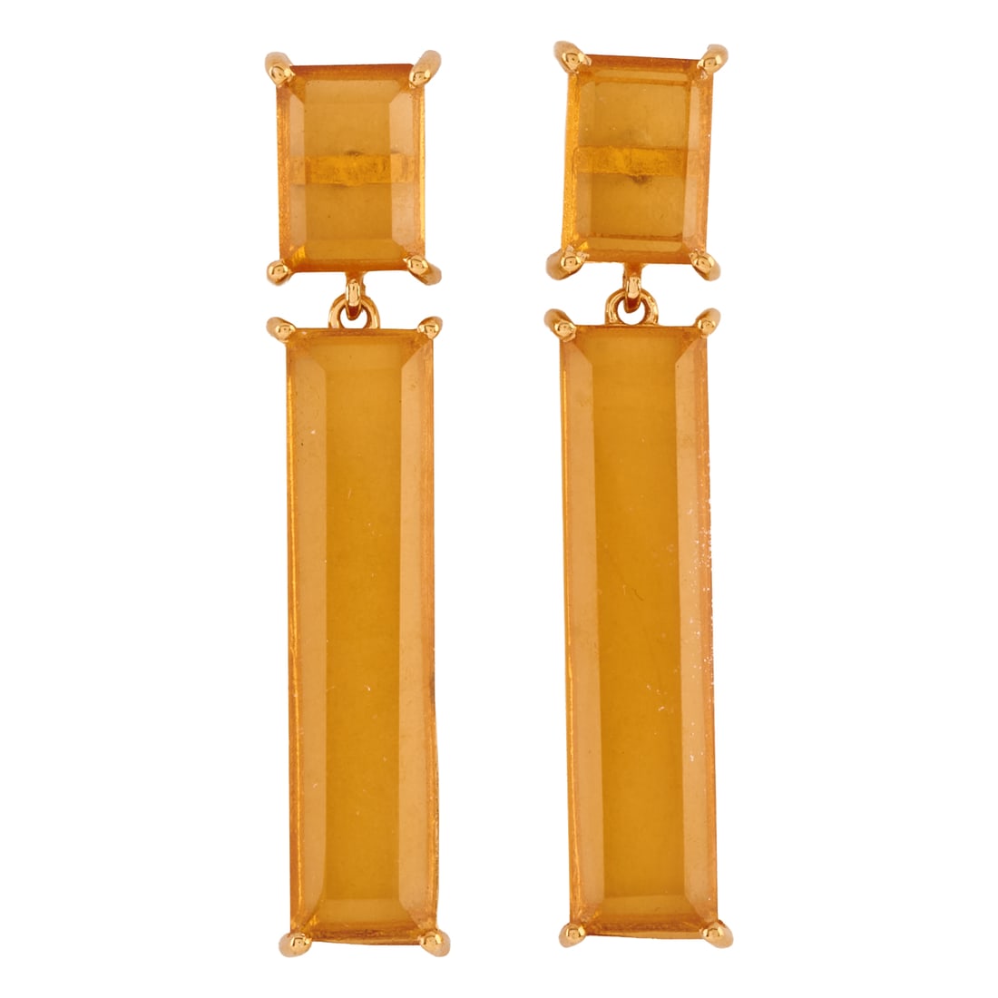 Pair of Citrine, Vermeil Earrings: Pair of Citrine, Vermeil Earrings. Each featuring one elongated emerald-cut and one emerald-cut citrine, set in a vermeil mounting measuring approximately 44 mm in length. {Gross Weight: 4.9 dwts}