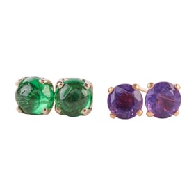 Two Pairs of Emerald, Amethyst, 14k Gold Stud Earrings