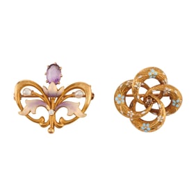 Two Art Nouveau Multi-Stone, Enamel, Gold Brooches