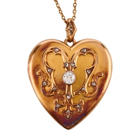 Victorian Diamond, 14k Yellow Gold Heart Locket Pendant Necklace