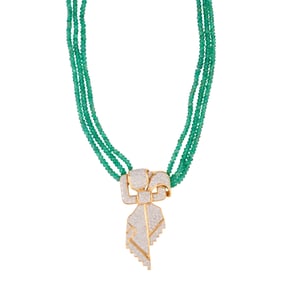 Diamond, Emerald, 18k Yellow and White Gold Necklace