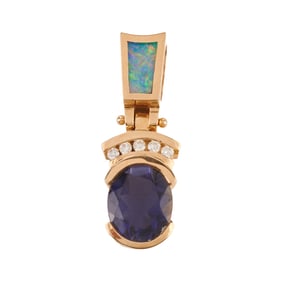 Scapolite, Opal Inlay, Diamond, 14k Yellow Gold Pendant