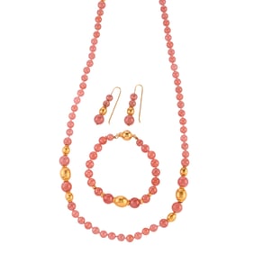 Rhodochrosite Bead, 21k, 14k Yellow Gold Jewelry Suite