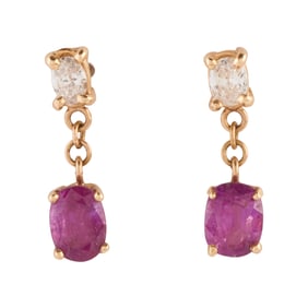 Pair of Ruby, Diamond, 14k Yellow Gold Drop Earrings