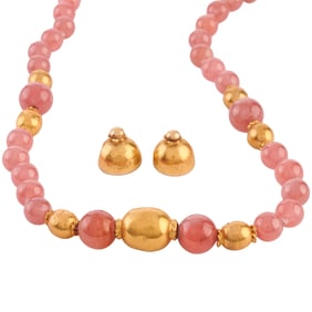 Rhodochrosite Bead, 21k, 14k Yellow Gold Jewelry Suite