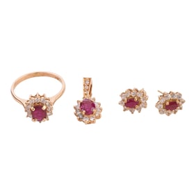 Ruby, Diamond, Colorless Stone, Gold Jewelry Suite