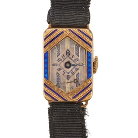Ladies Art Deco Blue Enamel, 14k Yellow Gold, Fabric Wristwatch