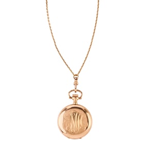 14k Yellow Gold Pocket Watch with Long Chain