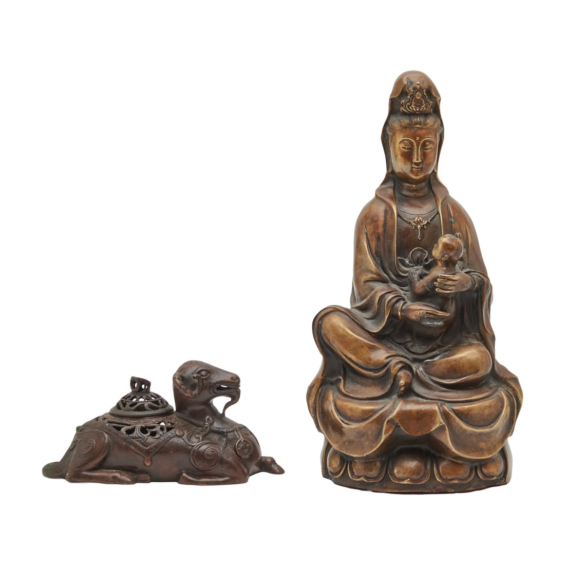 Two Chinese Bronze Items: Guanyin Statue and Goat Form Incense Burner (1 of 8)