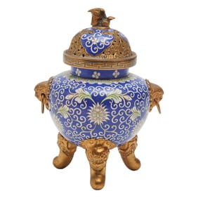 Chinese Blue Ground Cloisonne Footed Incense Burner