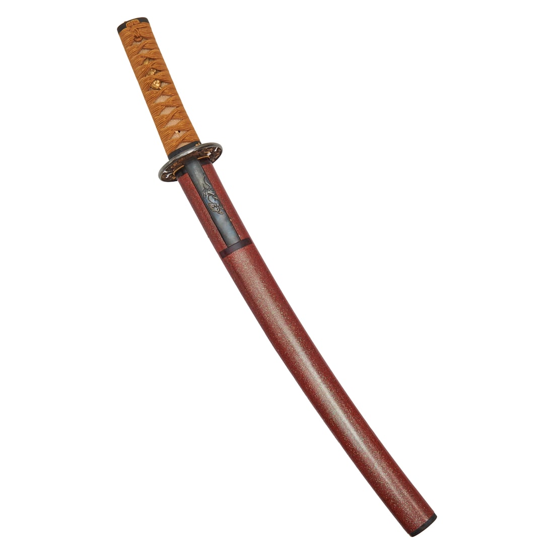 A Japanese Samurai Wakizashi Sword, Kanenobu: A Japanese Samurai Wakizashi Sword by Kanenobu. With decorated Kozuka and Tsuba.[Approximate OverallDimensionsIncludes Scabbard- Length 22 5/8inches x Width1 1/2 inches}.