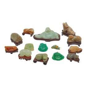 Large Group of Chinese Carved Jadeite and Stone Figures