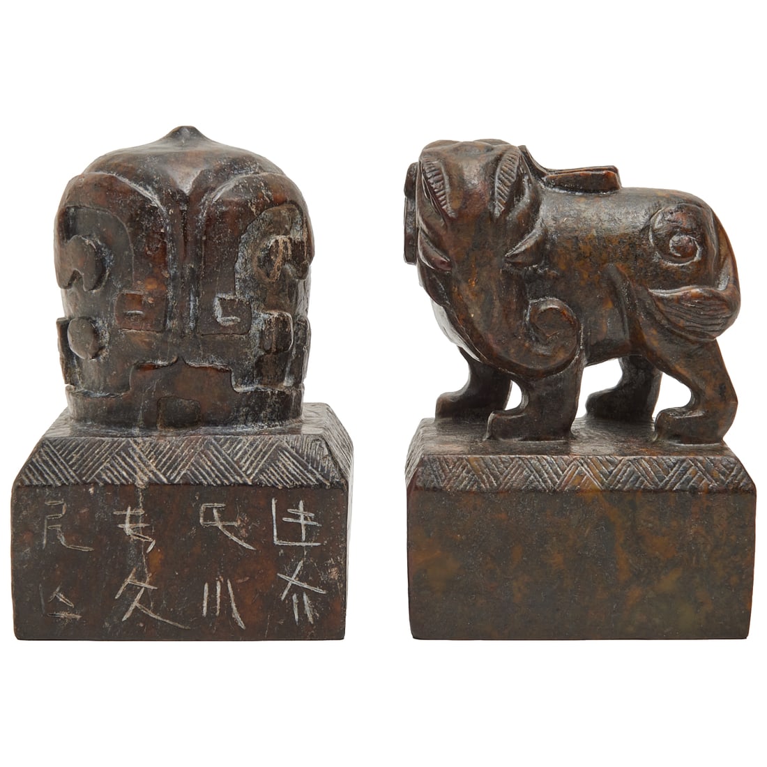 Two Chinese Hongshan Jade Carved Seals: Two Chinese Hongshan Jade Carved Seals.{Largest: Height 5 7/8 inches (14.92 cm)}