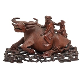 Chinese Wood Figure of a Bull with Stand