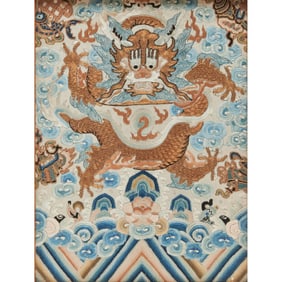 Framed Chinese Silk Embroidered Dragon Badge