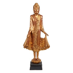 A Large Burmese Lacquered and Gilt Standing Buddha