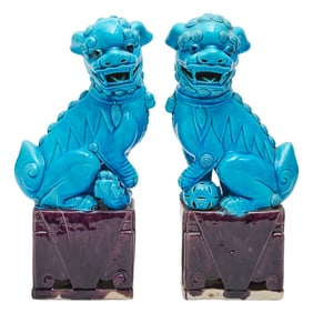 Pair of Chinese Turquoise and Purple Glazed Porcelain Foo Dogs.