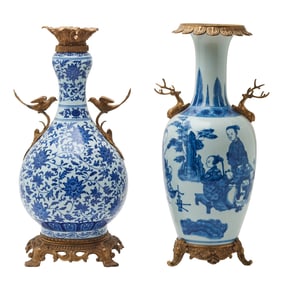 Two Chinese Blue & White Porcelain Vases with Bronze Mounts