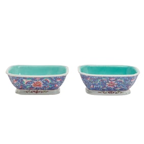 Pair of Chinese Blue Ground Enamelled Porcelain Square Form Footed Bowls
