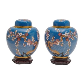 Pair of Blue Chinese Cloisonne Lidded Jars on Fitted Bases