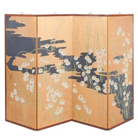 Large Japanese Four-Panel Byobu Screen Depicting Chrysanthemums