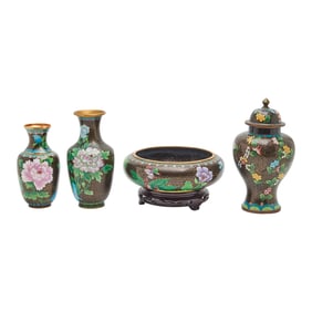 Four Chinese Black Ground Cloisonne Items, Three Vases and a Bowl