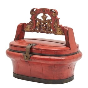 Chinese Red Lacquered and Gilt Carved Wooden Basket, Qing Dynasty